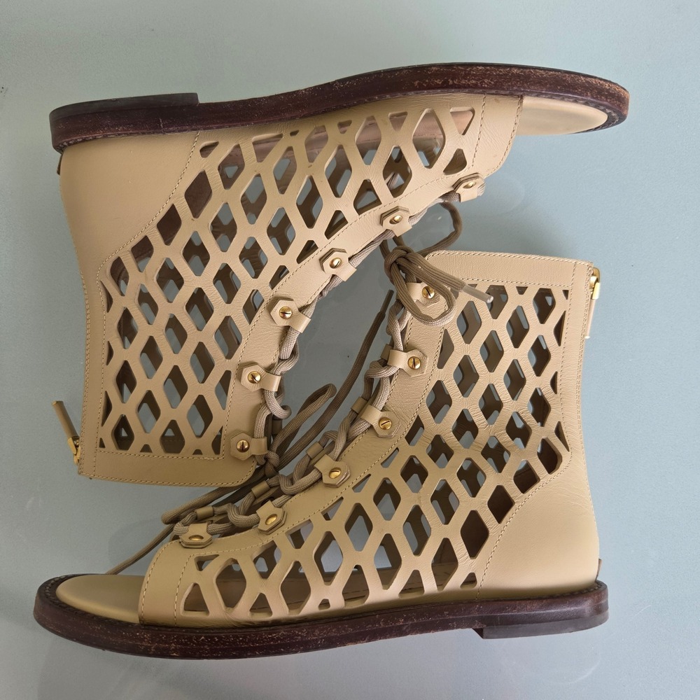 Christian Dior Beige Leather Laser Cut Gladiator Flat Sandals Lace Up Zip 37.5 - Picture 5 of 14